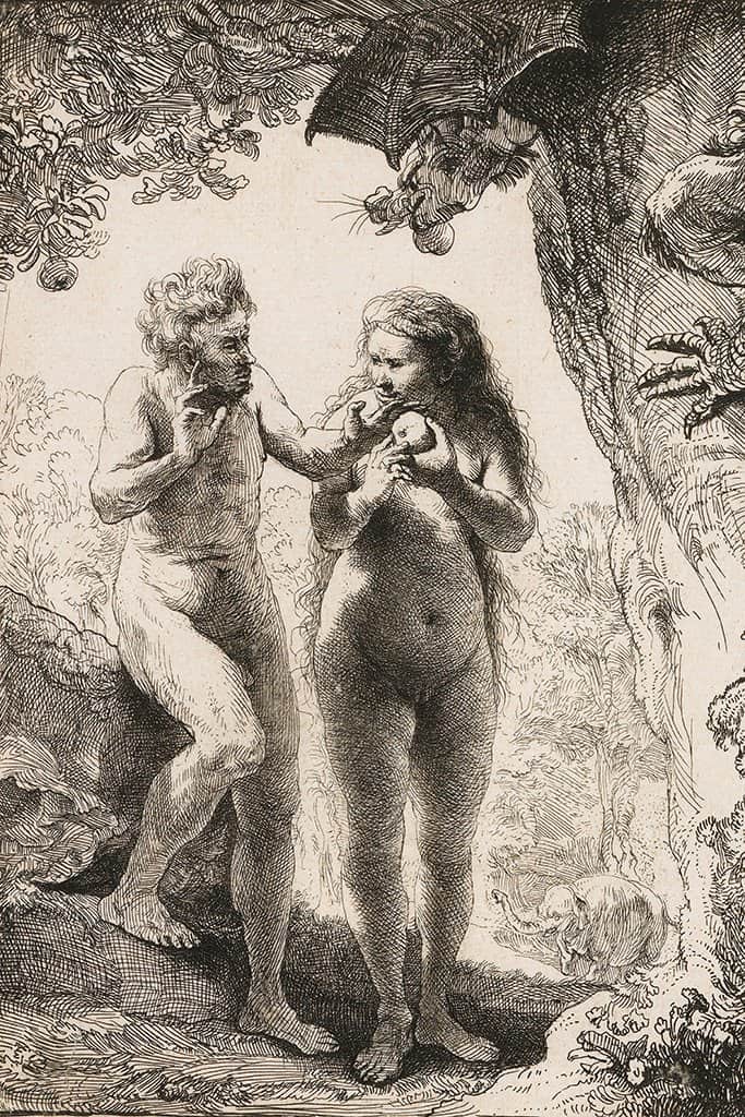 Zwart wit tekening van Adam en Eva - Rembrandt