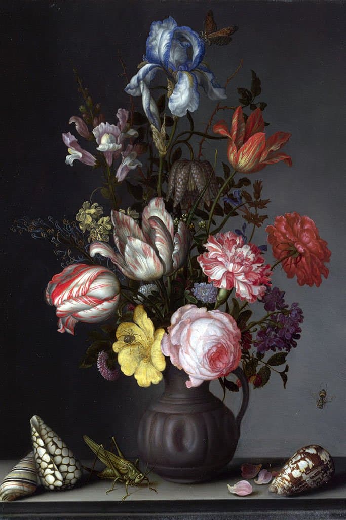 Bloemen in een vaas met schelpen en insecten - Balthasar van der Ast