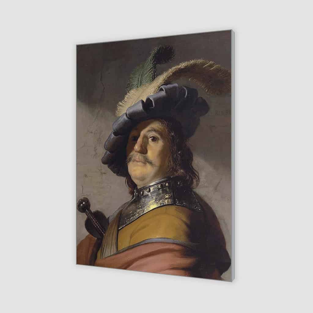 Borstbeeld van een man met een gorget en gepluimde baars (Rembrandt)