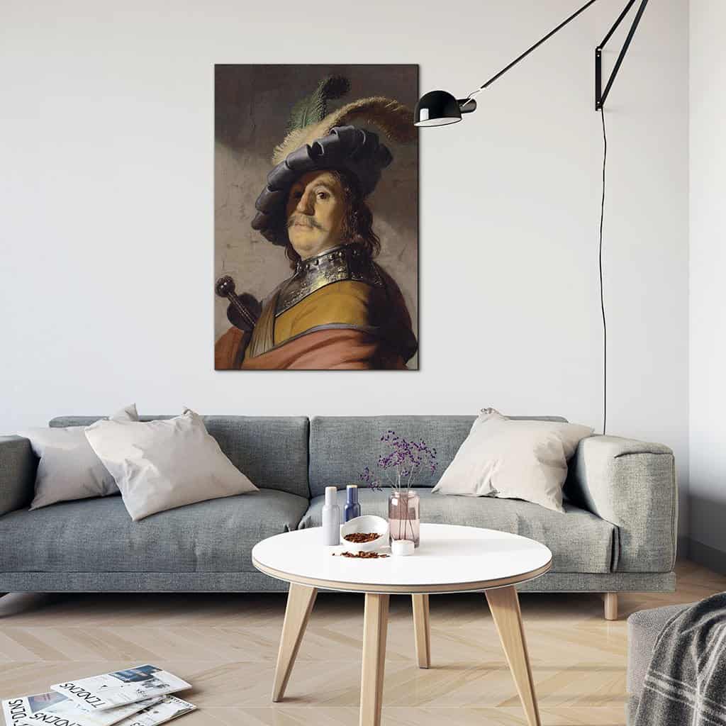 Borstbeeld van een man met een gorget en gepluimde baars (Rembrandt)