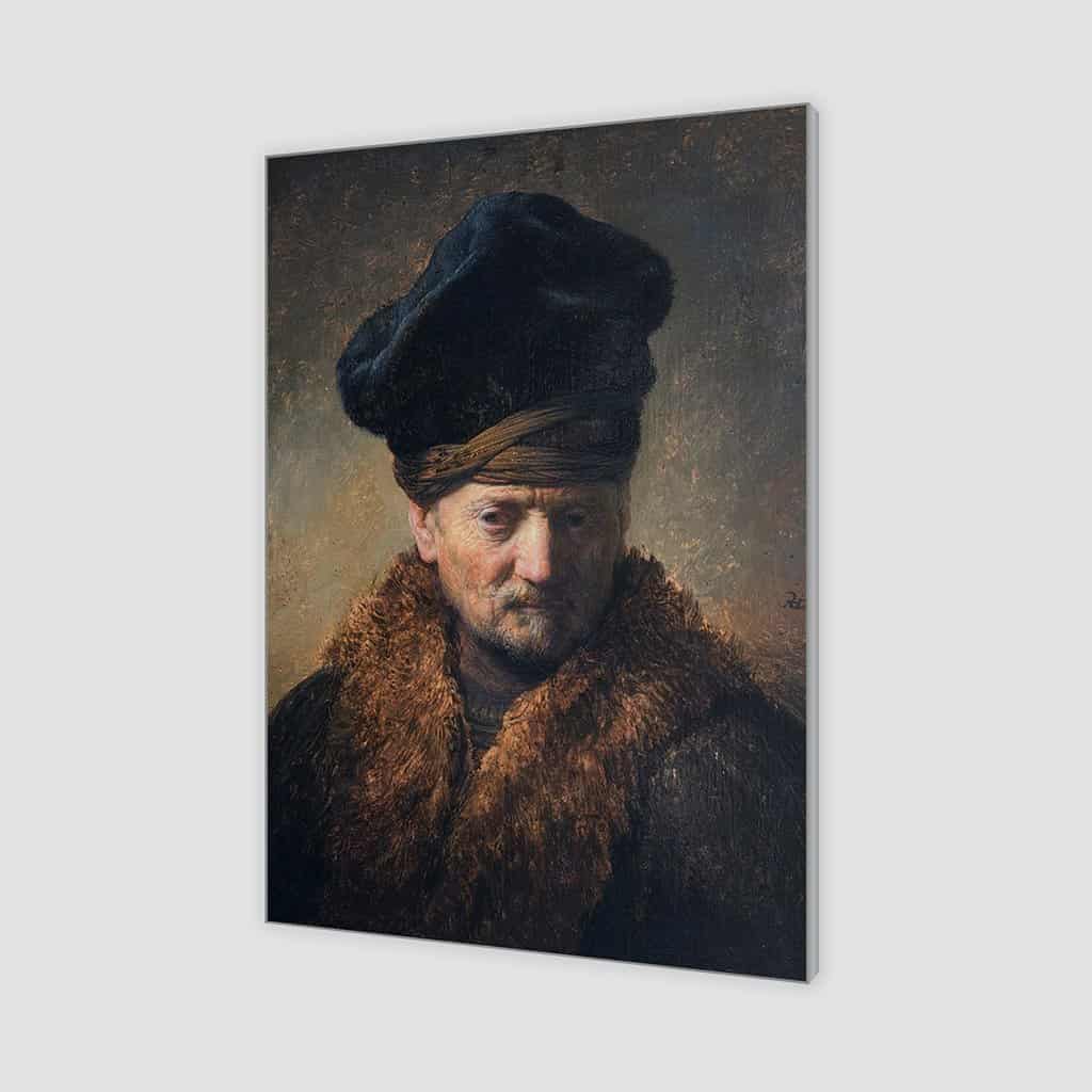 Borstbeeld van een oude man met een bontmuts op (Rembrandt)