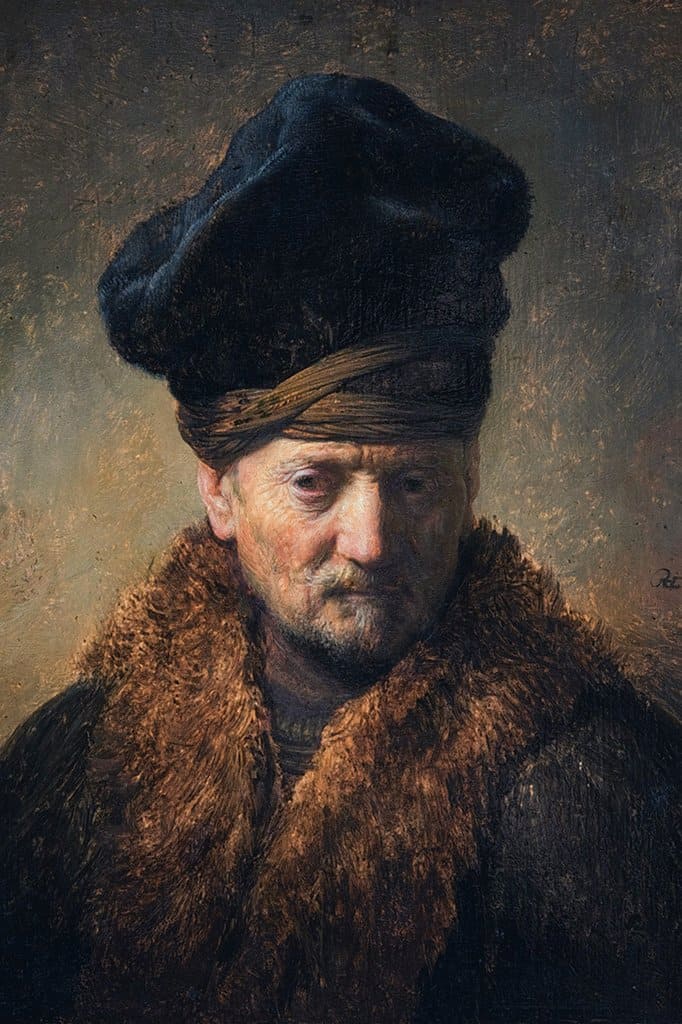 Borstbeeld van een oude man met een bontmuts op (Rembrandt)