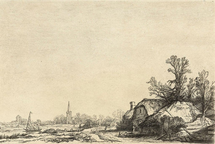 Huisje naast een gracht met uitzicht op Ouderkerk - Rembrandt