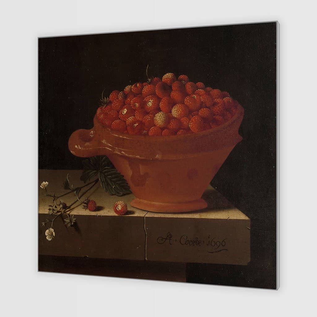 Een bakje aardbeien op een stenen plint (Adriaen Coorte)