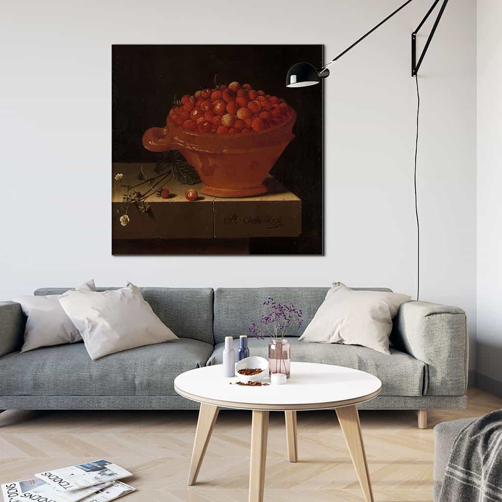 Een bakje aardbeien op een stenen plint (Adriaen Coorte)