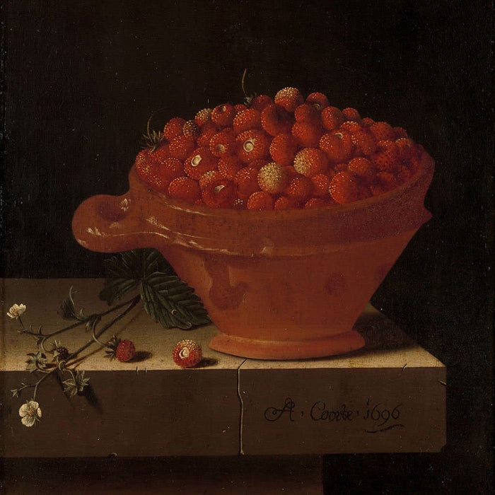 Een bakje aardbeien op een stenen plint (Adriaen Coorte)