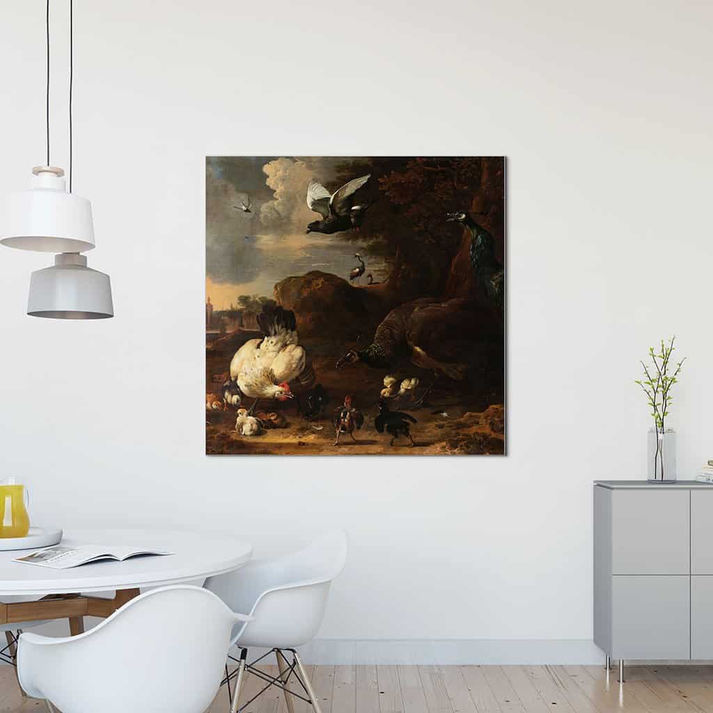 Een hen met kuikens bedreigd door twee pauwen, bekend als ‘De bedreigde hen’ (Melchior d'Hondecoeter)