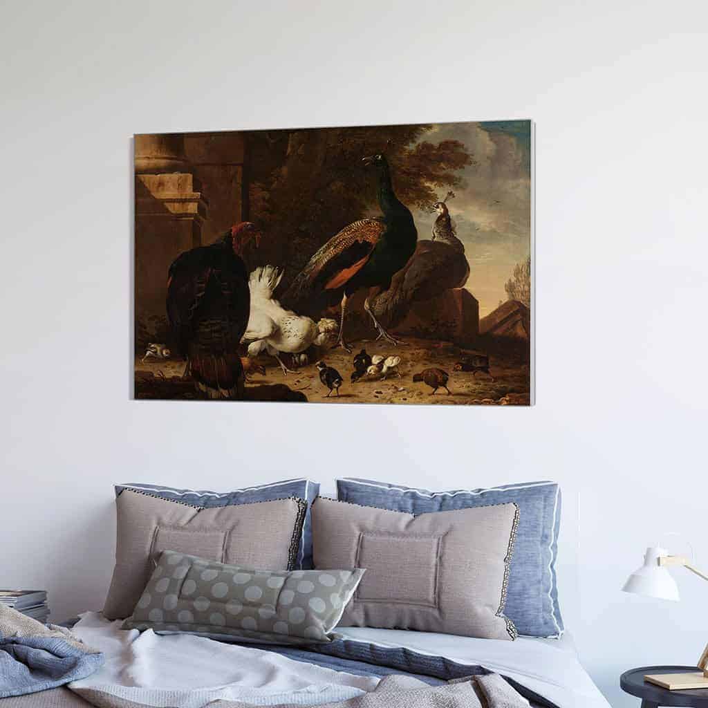 Een hen met pauwen en een kalkoen (Melchior d'Hondecoeter)