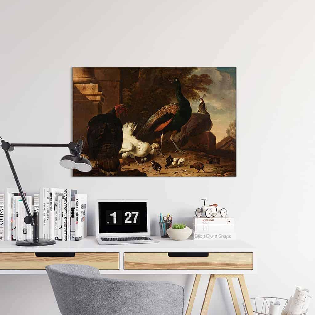 Een hen met pauwen en een kalkoen (Melchior d'Hondecoeter)