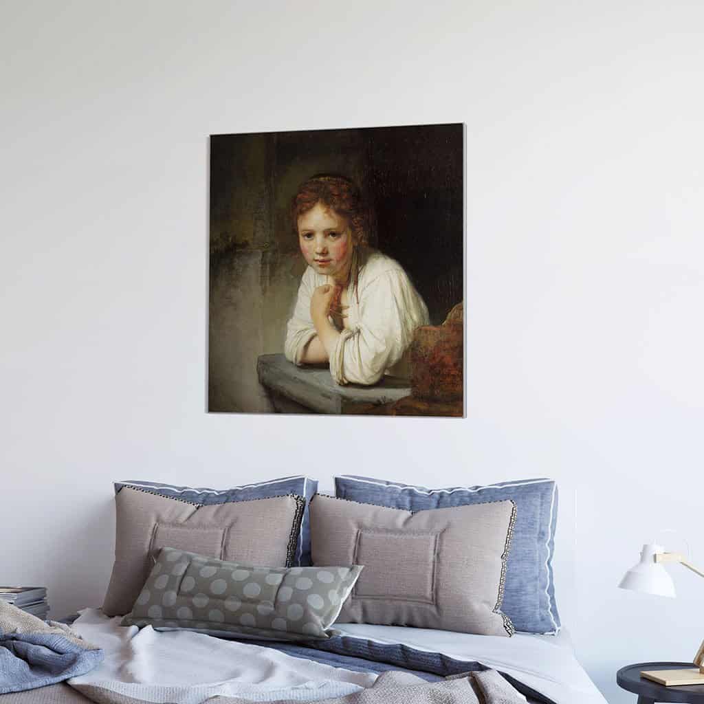 Meisje dat op een stenen vensterbank leunt (Rembrandt)
