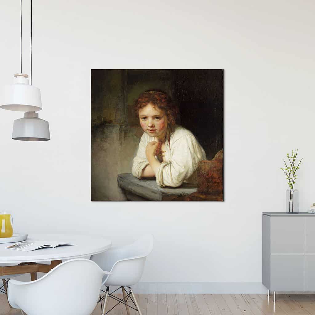 Meisje dat op een stenen vensterbank leunt (Rembrandt)
