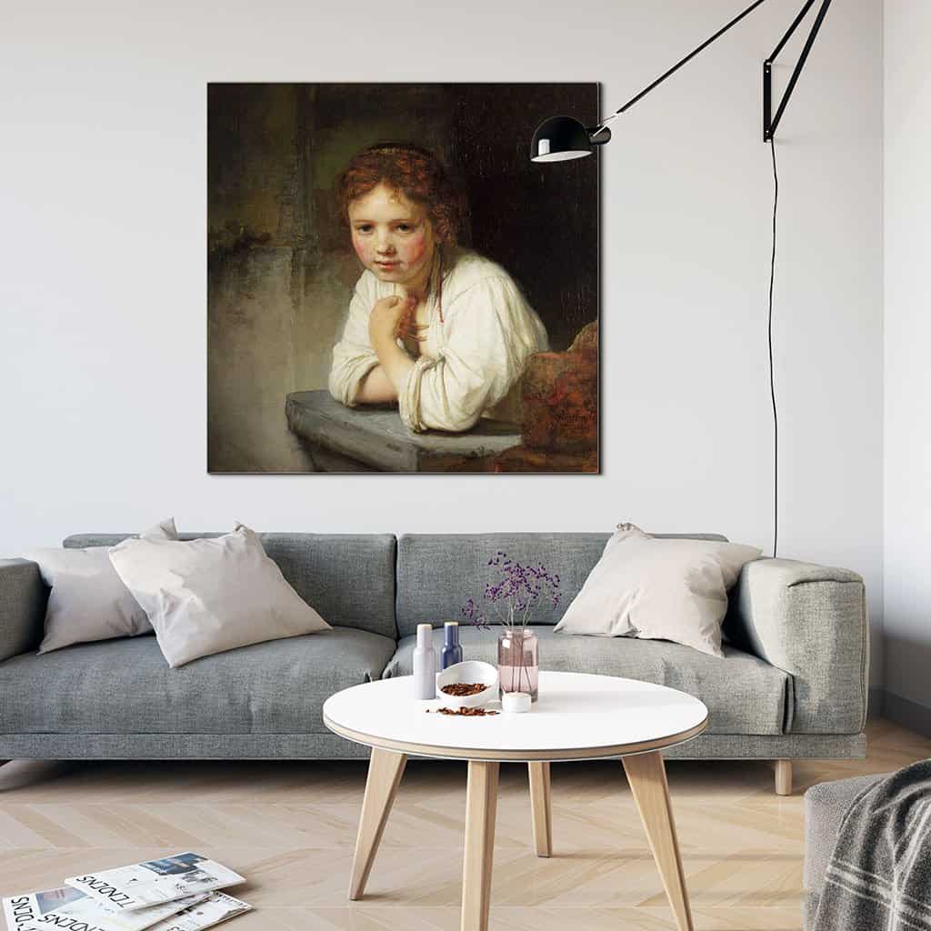 Meisje dat op een stenen vensterbank leunt (Rembrandt)