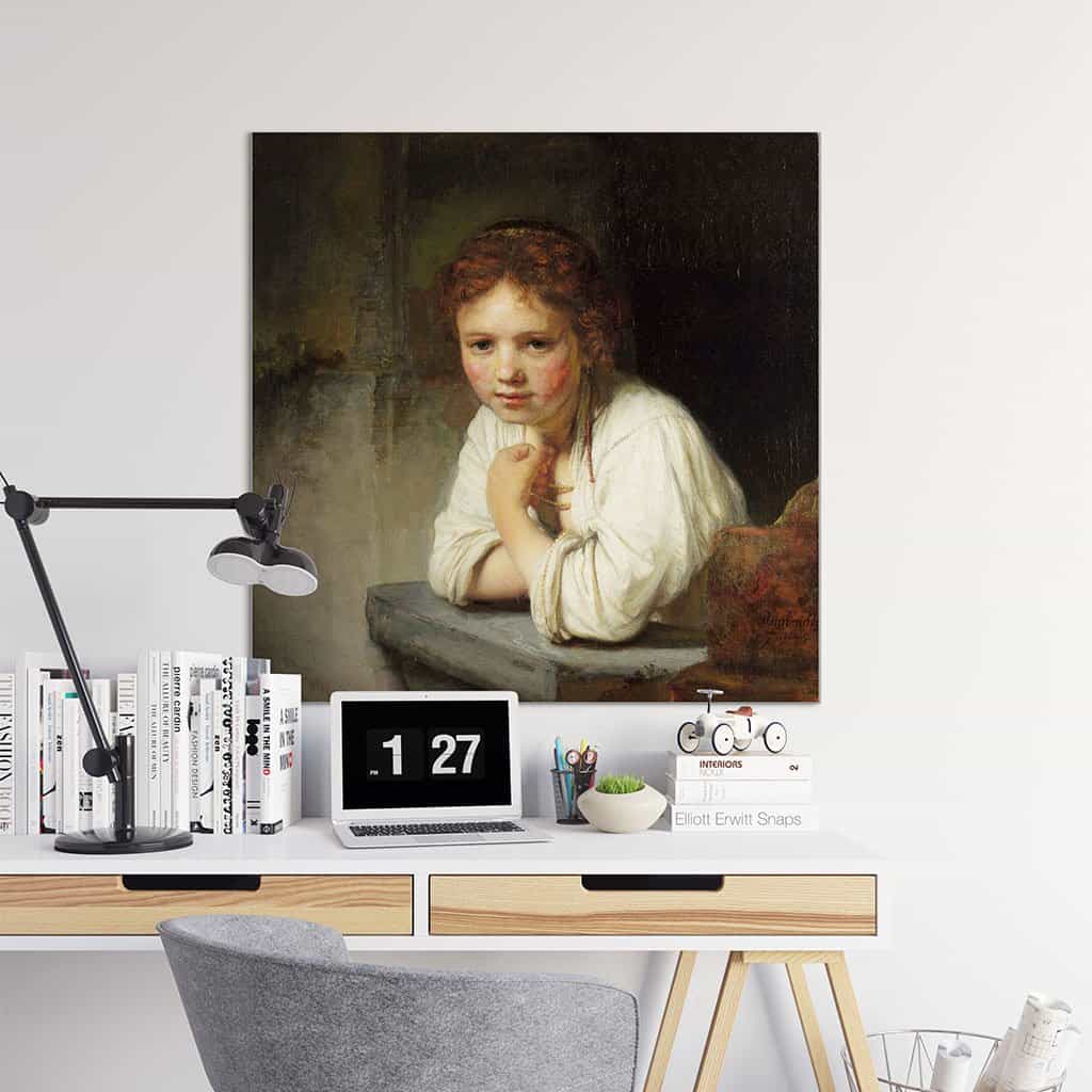 Meisje dat op een stenen vensterbank leunt (Rembrandt)