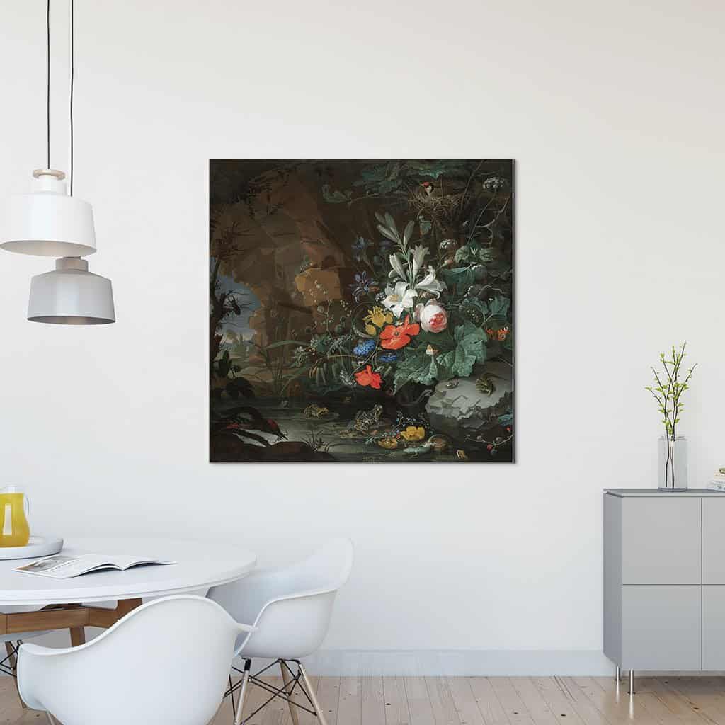 Interieur van een grot met een rotspoel, kikkers, salamanders en een vogelnest (Abraham Mignon)