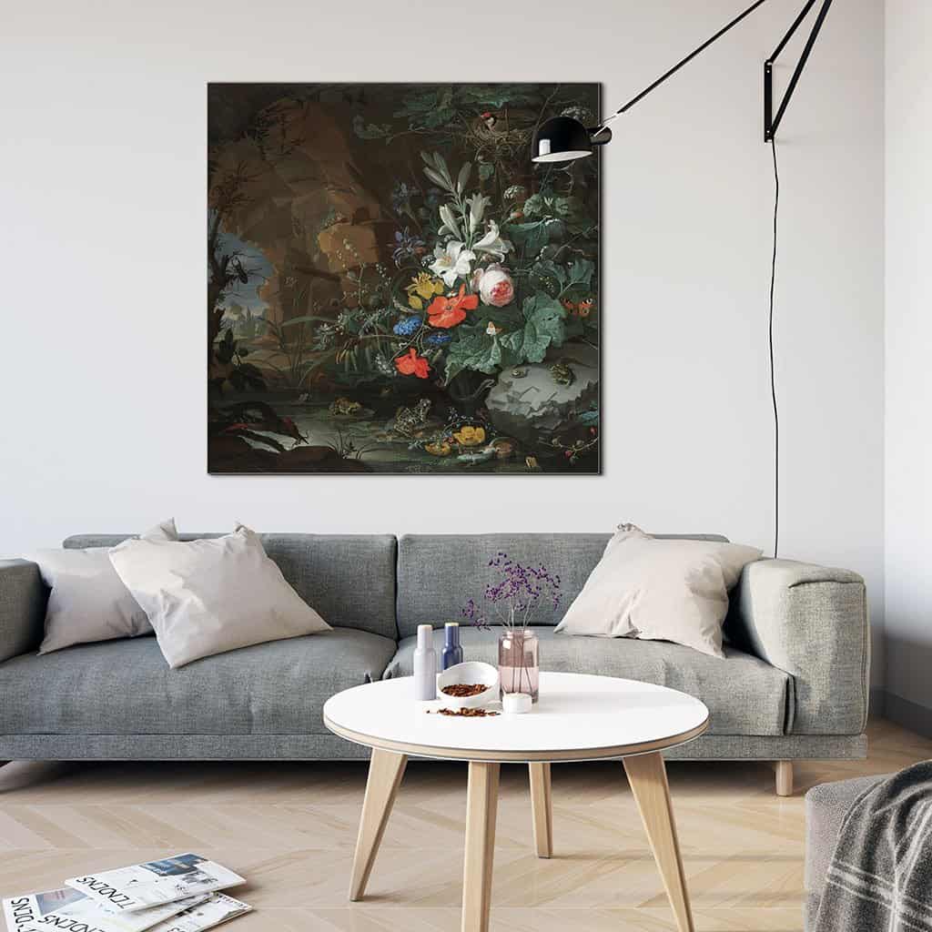 Interieur van een grot met een rotspoel, kikkers, salamanders en een vogelnest (Abraham Mignon)