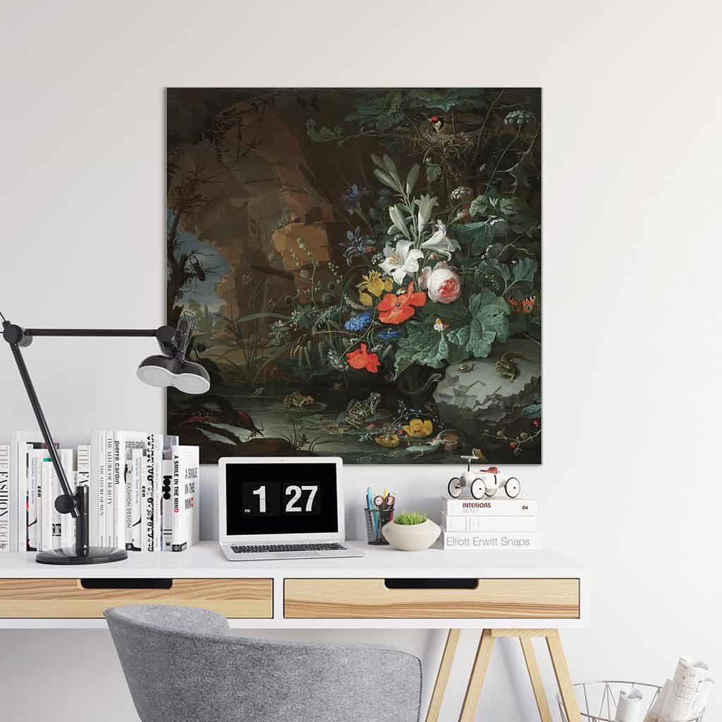 Interieur van een grot met een rotspoel, kikkers, salamanders en een vogelnest (Abraham Mignon)