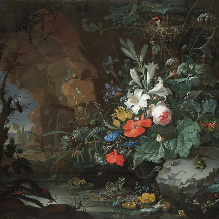 Interieur van een grot met een rotspoel, kikkers, salamanders en een vogelnest (Abraham Mignon)