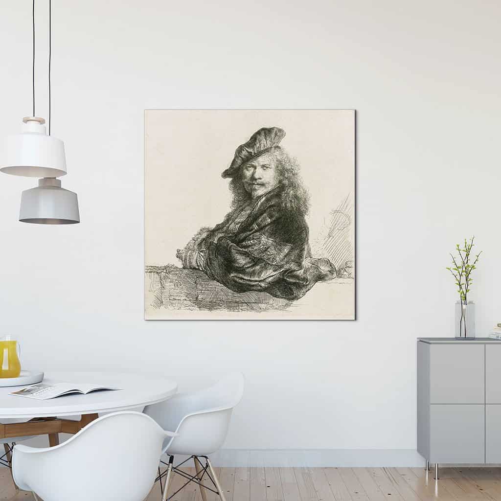 Zelfportret, met de onderarm leunend op een stenen dorpel - Rembrandt