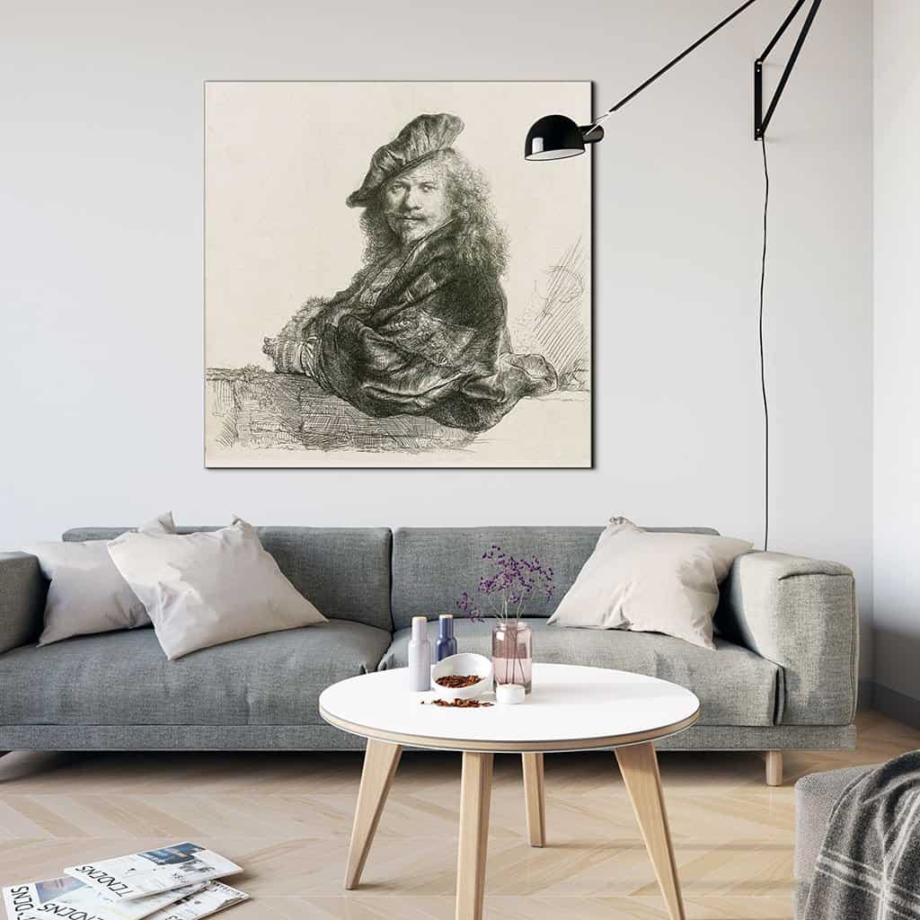 Zelfportret, met de onderarm leunend op een stenen dorpel - Rembrandt