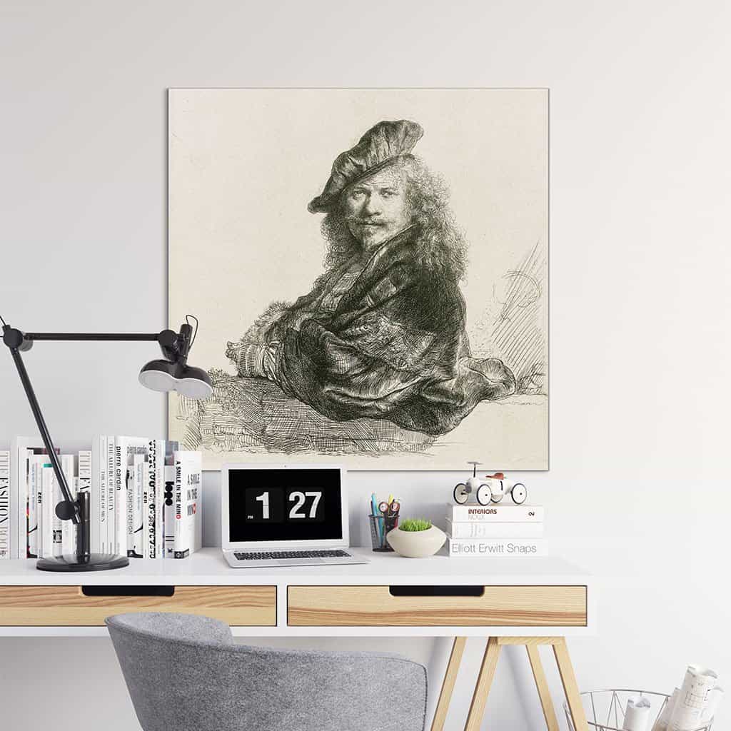 Zelfportret, met de onderarm leunend op een stenen dorpel - Rembrandt