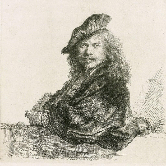 Zelfportret, met de onderarm leunend op een stenen dorpel - Rembrandt