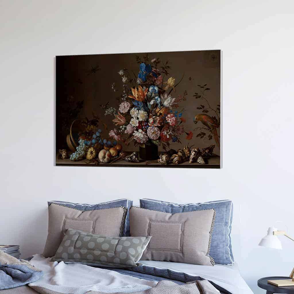 Stilleven met mand met fruit een vaas met bloemen en schelpen - Balthasar van der Ast