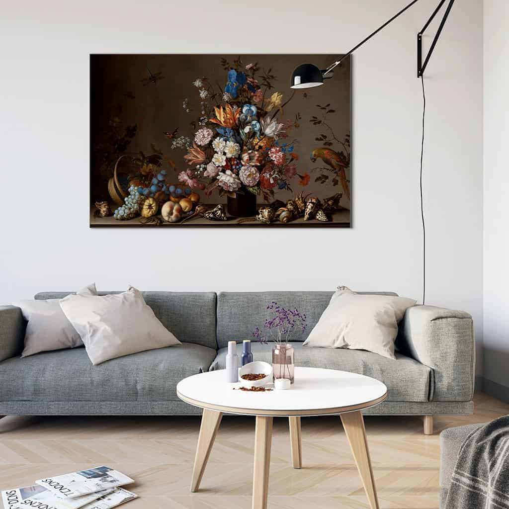 Stilleven met mand met fruit een vaas met bloemen en schelpen - Balthasar van der Ast