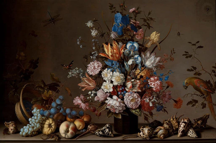 Stilleven met mand met fruit een vaas met bloemen en schelpen - Balthasar van der Ast