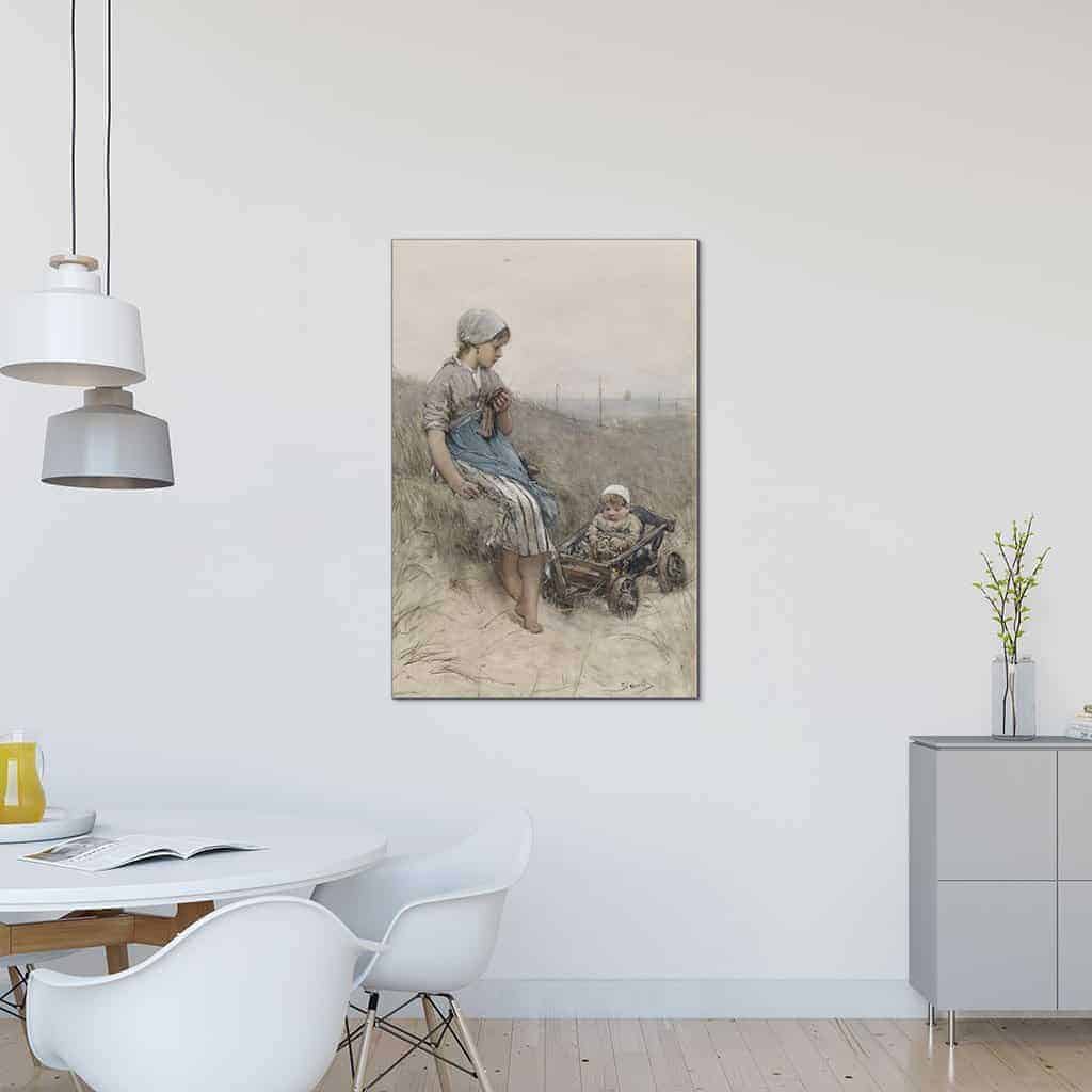 Vissersmeisje met kind in kinderwagen in de duinen - Bernardus Johannes Blommers