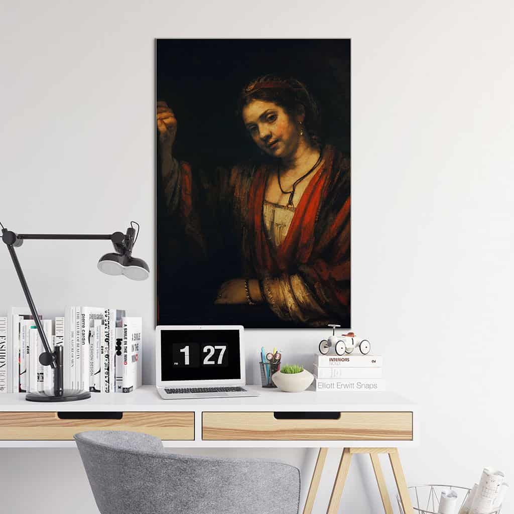 Vrouw bij een half open deur - Rembrandt