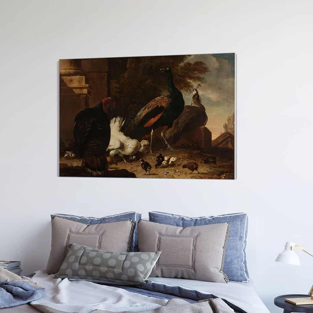 Een duivin met pauwen en kalkoen (Melchior D ' Hondecoeter)