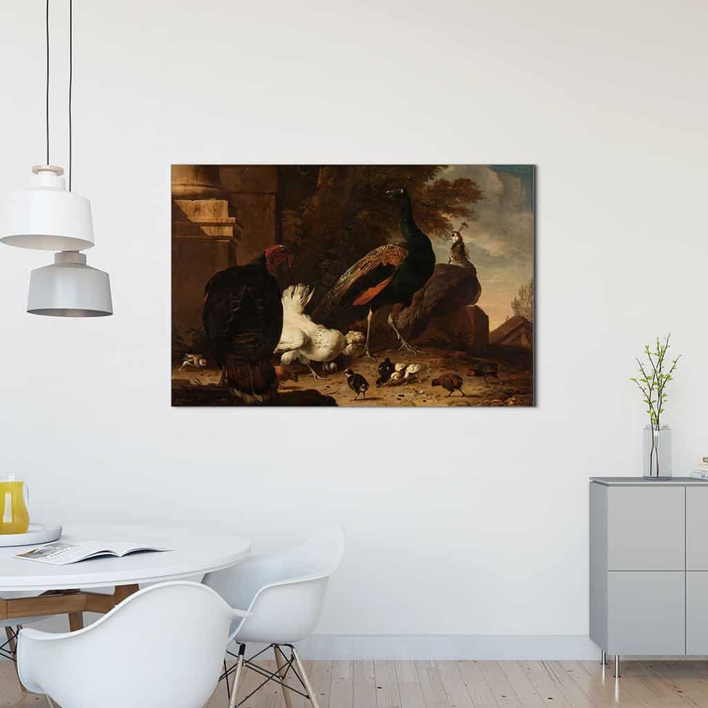 Een duivin met pauwen en kalkoen (Melchior D ' Hondecoeter)