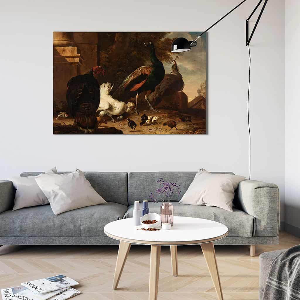Een duivin met pauwen en kalkoen (Melchior D ' Hondecoeter)