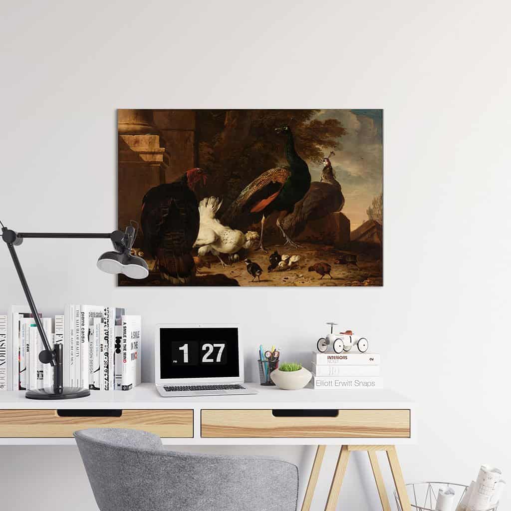 Een duivin met pauwen en kalkoen (Melchior D ' Hondecoeter)