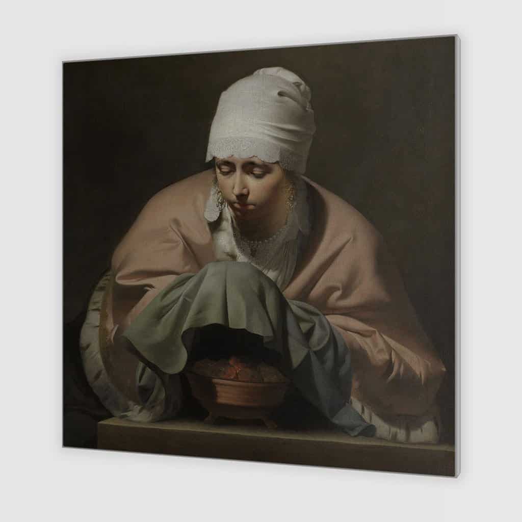 Een jonge vrouw verwarmt haar handen over een brand - Caesar van Everdingen