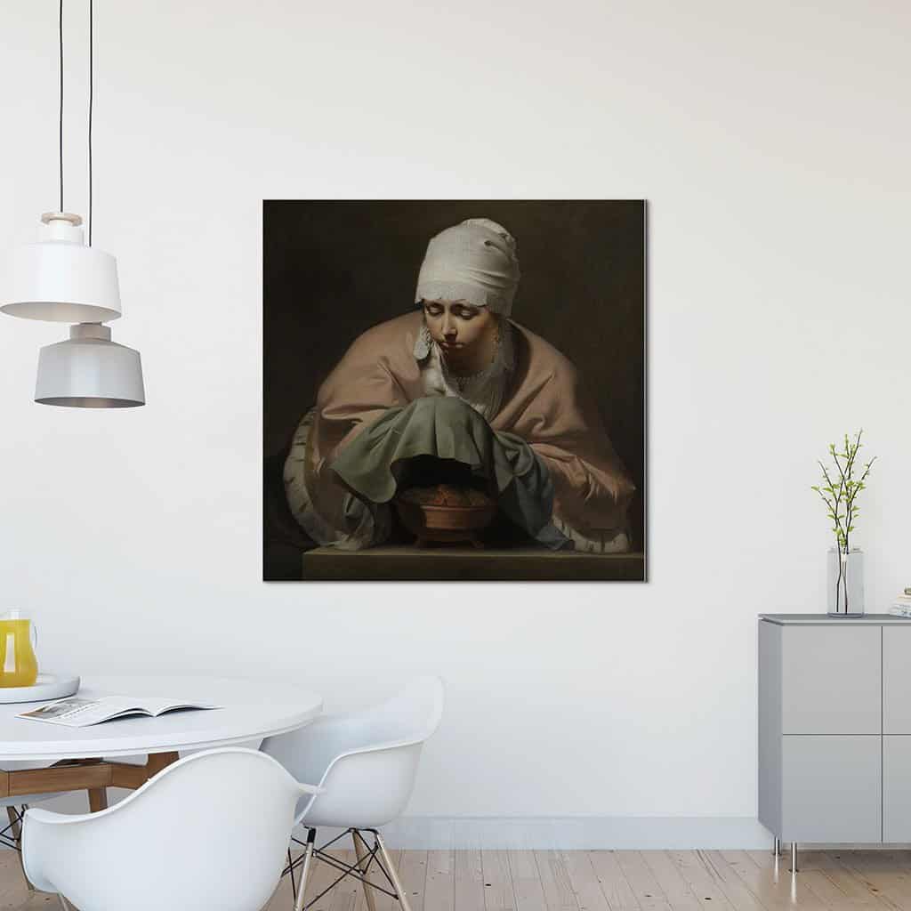 Een jonge vrouw verwarmt haar handen over een brand - Caesar van Everdingen