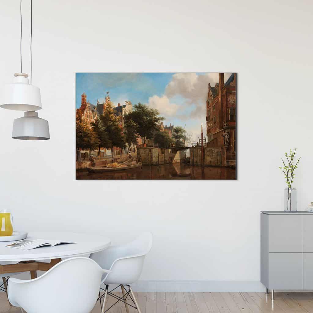 Amsterdam stadsgezicht met huizen aan de Herengracht en de Oude Haarlemmersluis (Jan van der Heyden)