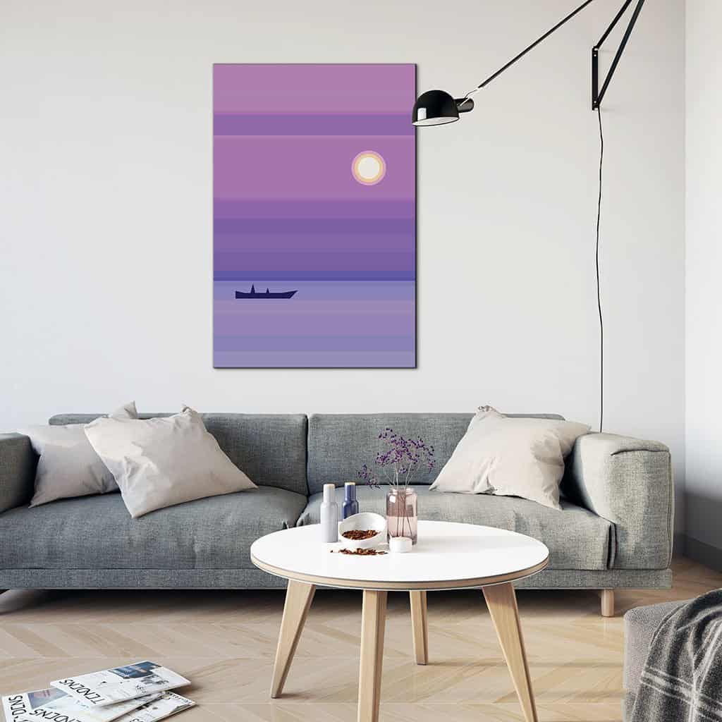 Paars landschap met een bootje