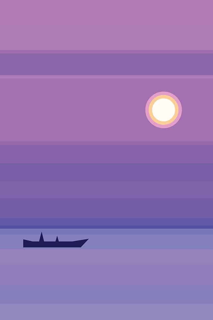 Paars landschap met een bootje