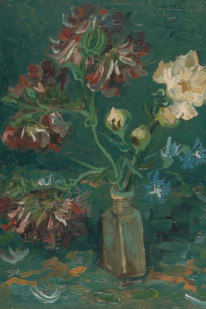 Flesje met pioenen en blauwe riddersporen (Vincent van Gogh)