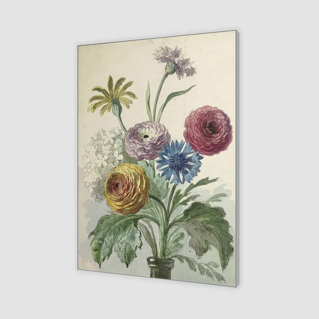 Boeket bloemen in de hals van een groene vaas (Willem van Leen)