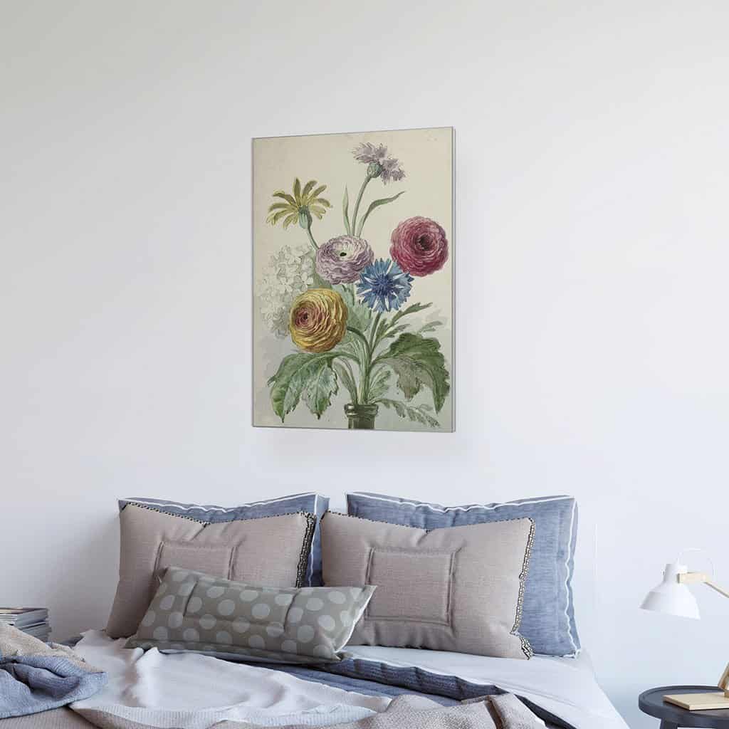 Boeket bloemen in de hals van een groene vaas (Willem van Leen)