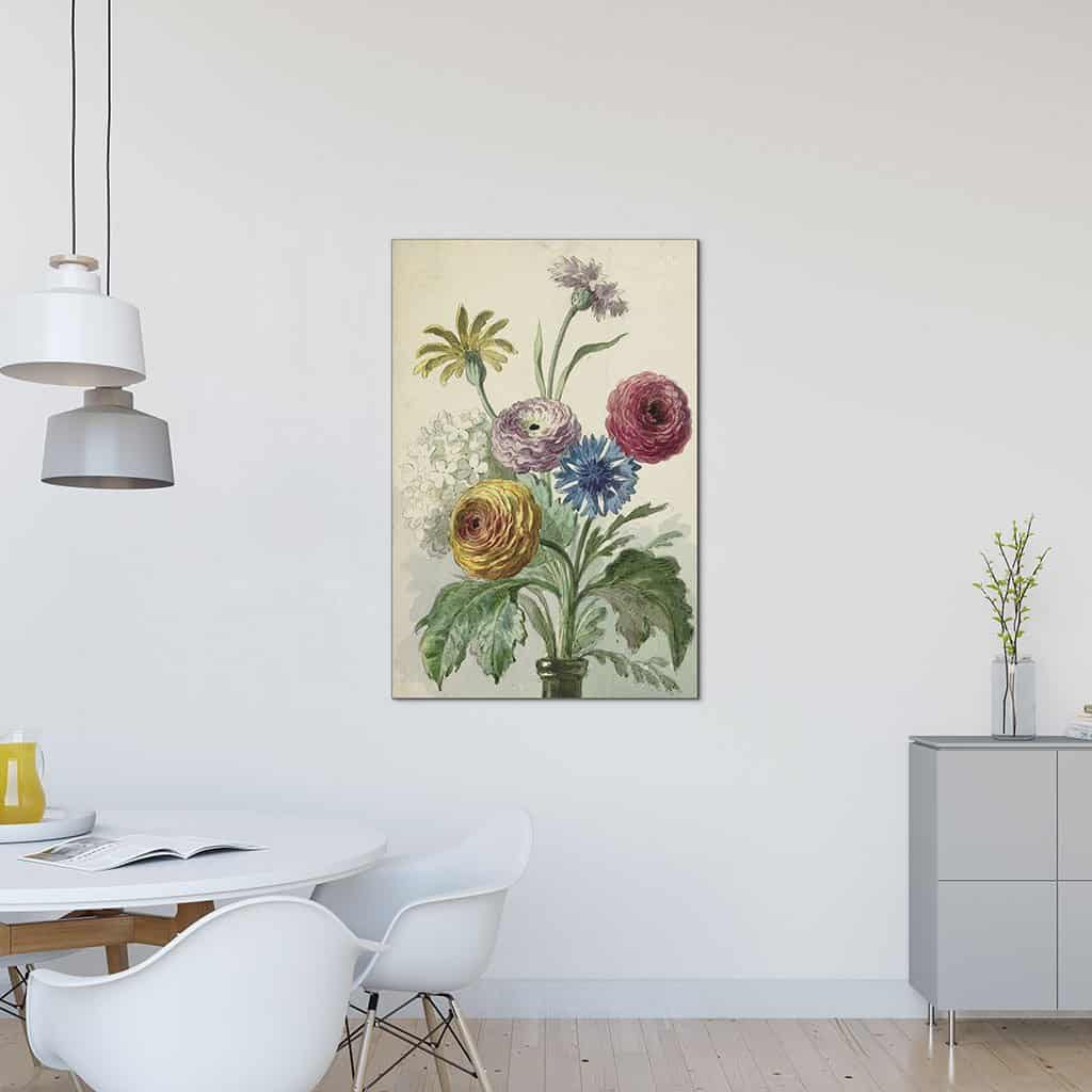 Boeket bloemen in de hals van een groene vaas (Willem van Leen)