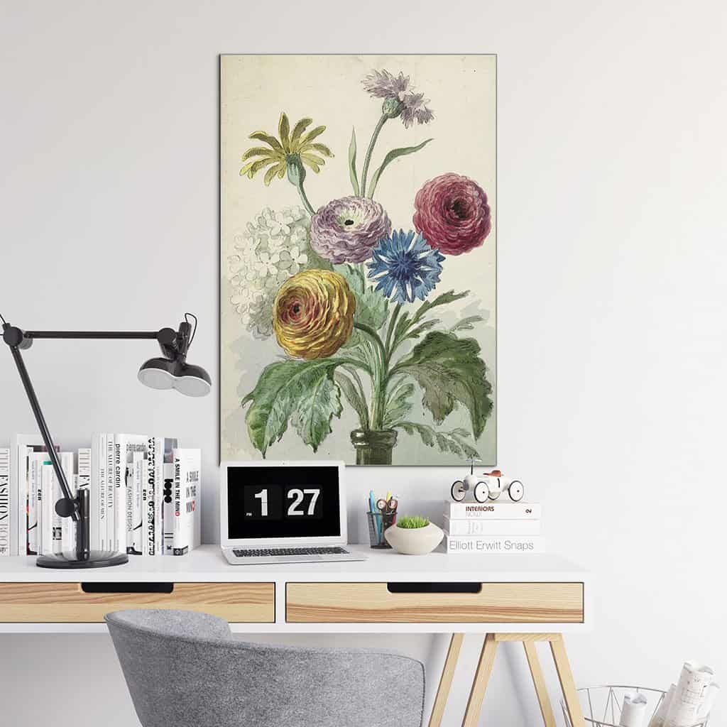 Boeket bloemen in de hals van een groene vaas (Willem van Leen)