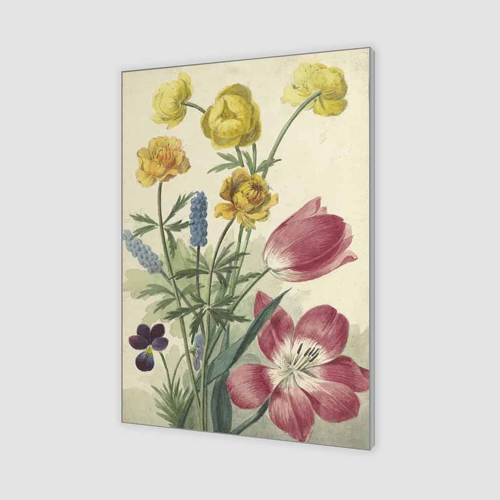 Boeket van tulpen, viooltjes, druifhyacinten en dotters (Willem van Leen)