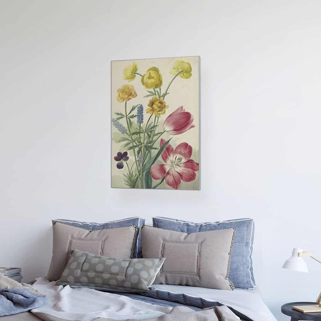 Boeket van tulpen, viooltjes, druifhyacinten en dotters (Willem van Leen)