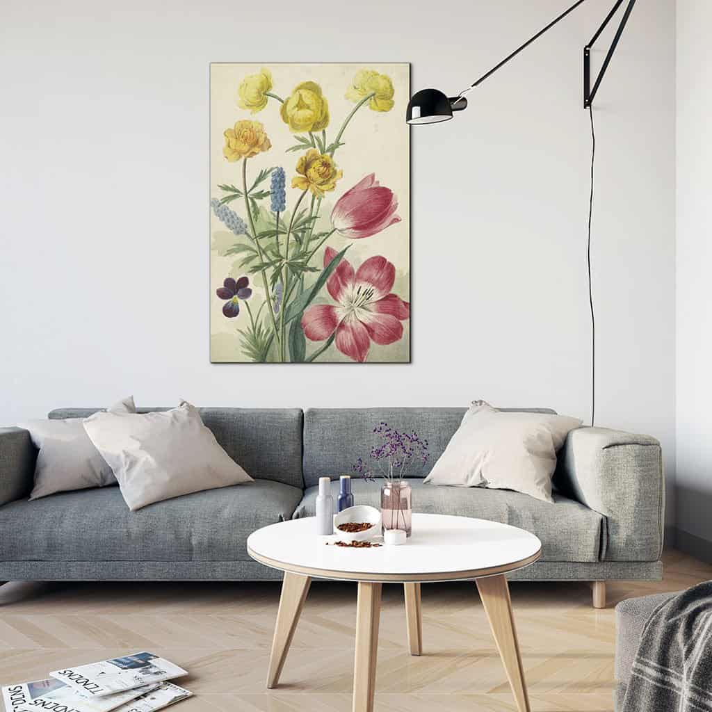 Boeket van tulpen, viooltjes, druifhyacinten en dotters (Willem van Leen)