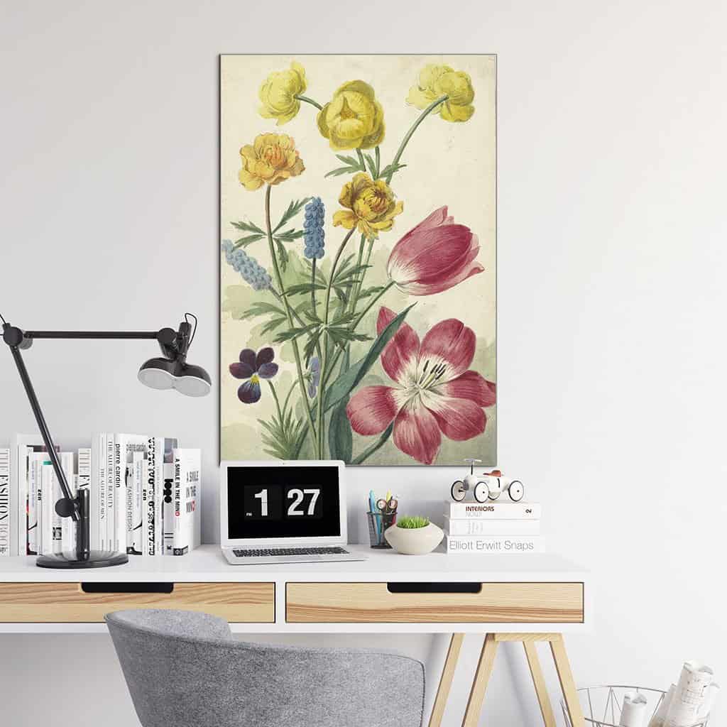 Boeket van tulpen, viooltjes, druifhyacinten en dotters (Willem van Leen)