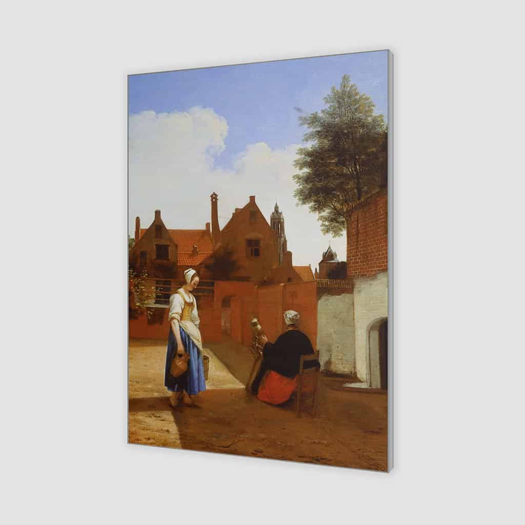 Binnenplaats in Delft op de avond: een spinnende vrouw (Pieter De Hooch)