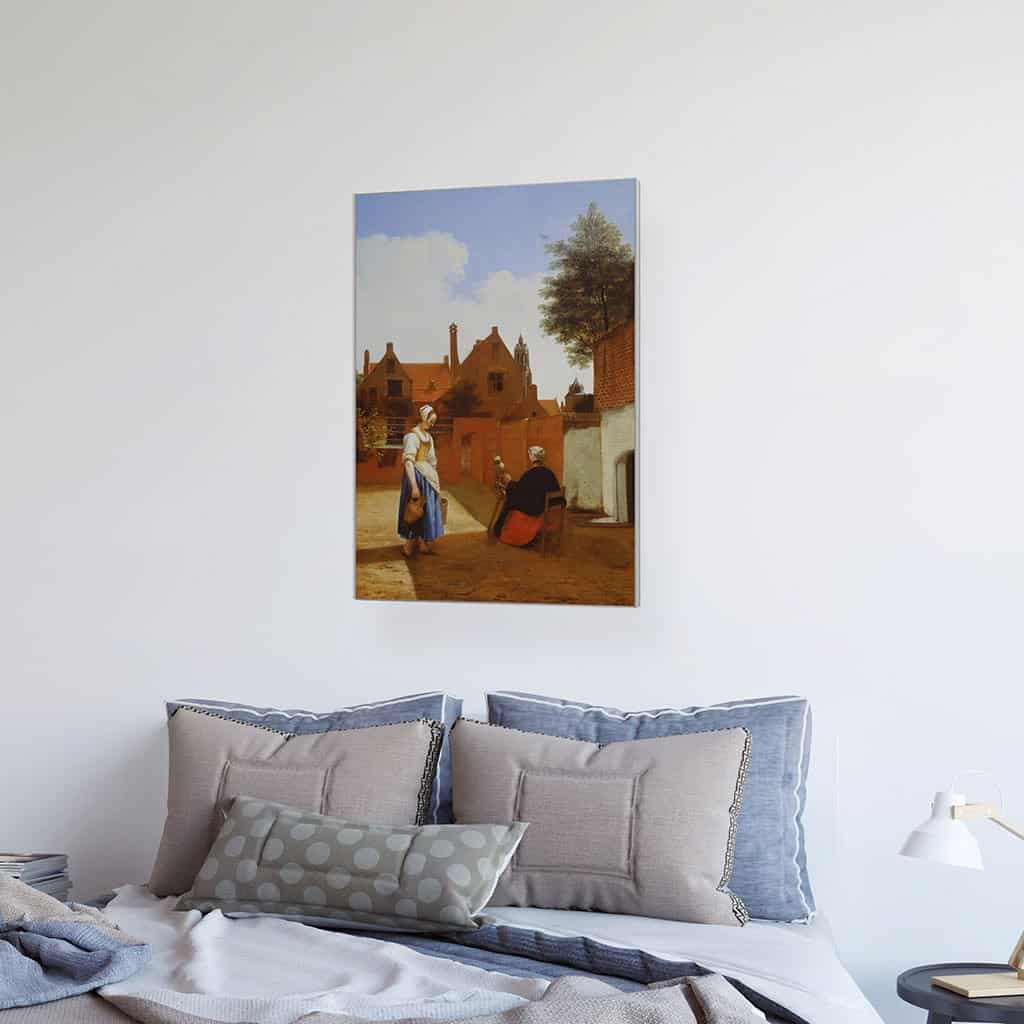 Binnenplaats in Delft op de avond: een spinnende vrouw (Pieter De Hooch)